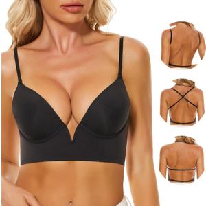 Women Low Back Bras-Invisible Backless Bra-Seamless Secret Plunge No Show Bra Multiway Low Cut Deep-V Halter Bras (30C, Black)