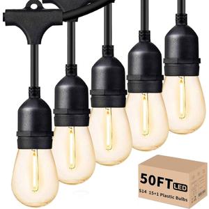 Svater Outdoor Led String Lights 50FT, Patio Lights with 16pcs S14 Shatterproof Bulbs, 1 Watt E26 Dimmable 2700K Warm White, IP65 Waterproof, Commercial Grade Light