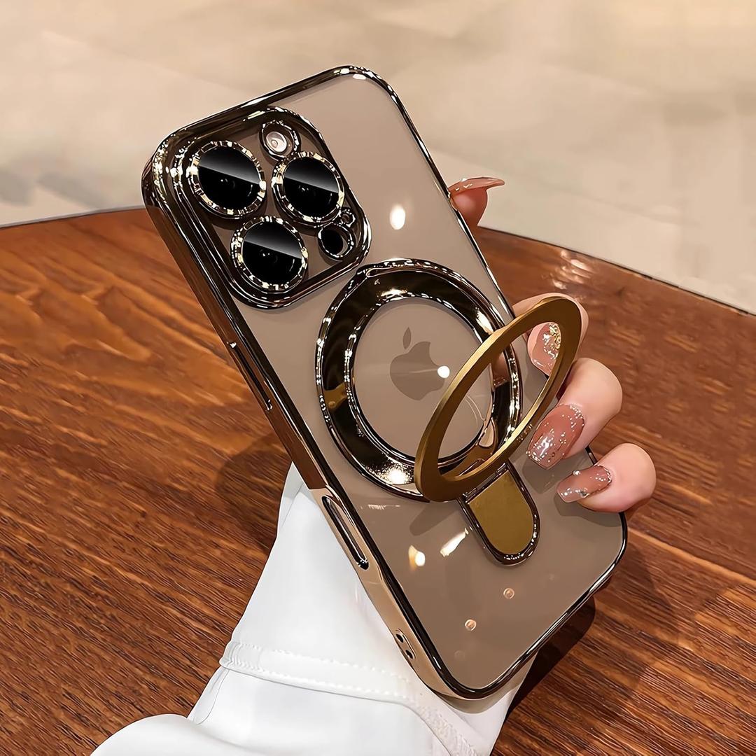 LXK Magnetic Invisible Stand for iPhone 16 Pro Case 6.3" Compatible with MagSafe, Military-Grade Protection, with Camera Protector, Clear Scratch-Resistant Back Cover for iPhone 16 Pro,Desert Titanium