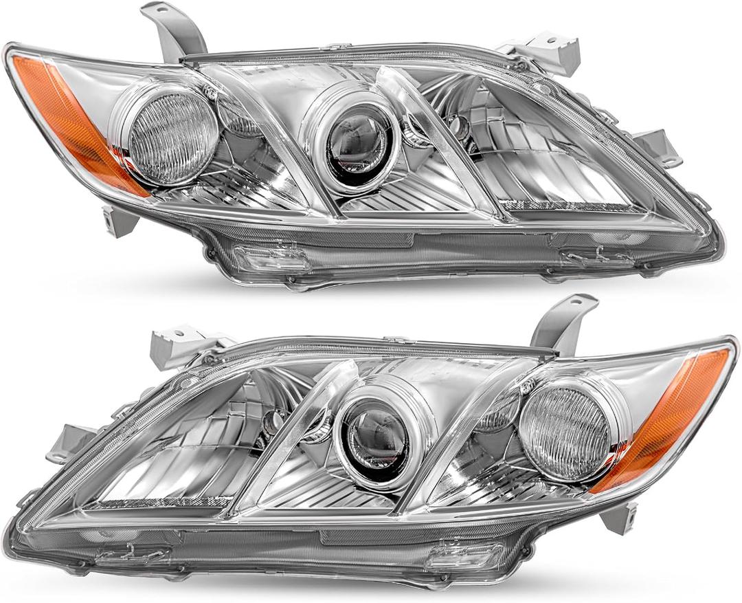 JSBOYAT Headlight Assembly Replacement for 2007-2009 Toyota Camry US Version Model Driver and Passenger Side (w/o Bulbs, Chrome Housing with Amber Reflector)