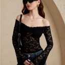 Women's Floral Lace T Shirt Off The Shoulder Long Sleeve Sheer Party Club Crop Tops (Black, M)