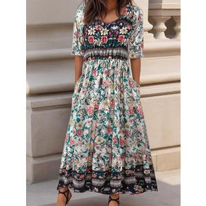 Women's Summer Boho Dresses Floral Printed Midi Dress Flowy A Line Casual Short Sleeve Sundress Beach with Pockets
