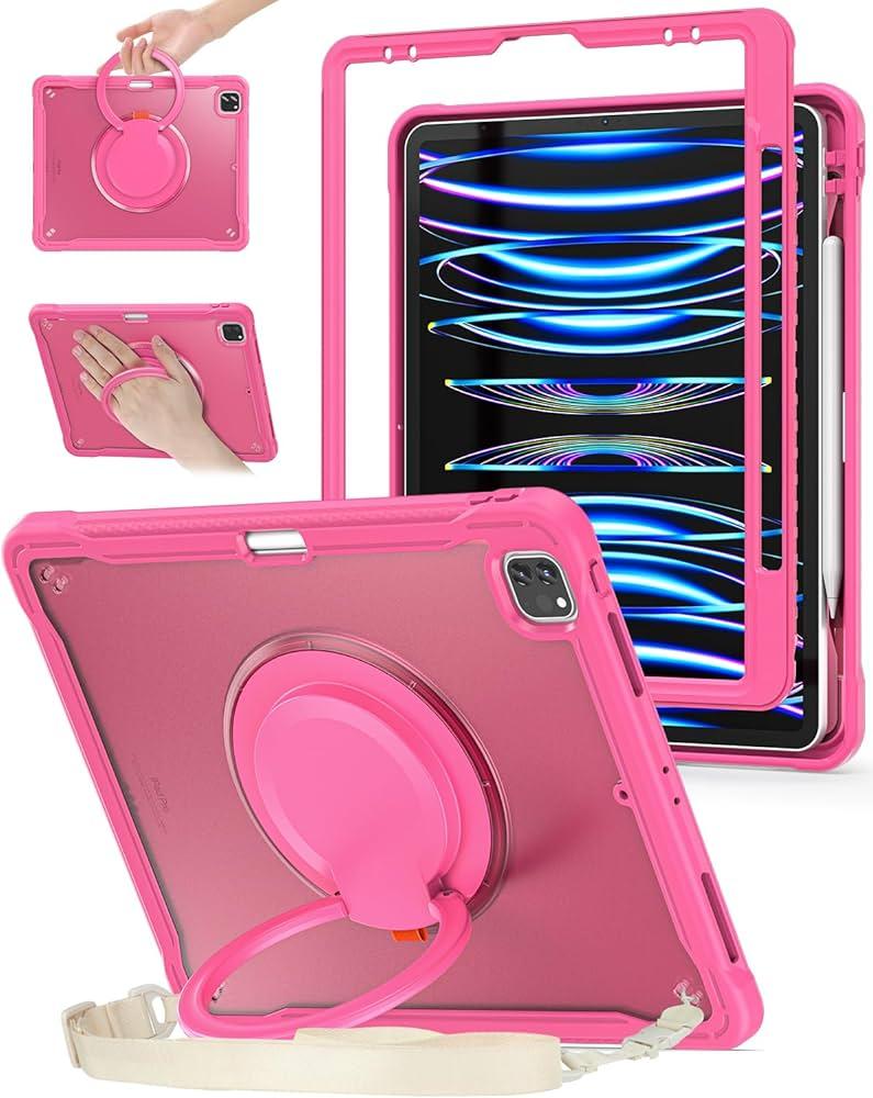 BRAECN iPad Pro 12.9 Case - 6th/5th Gen Shockproof Clear Case with Pencil Holder/Rotate Stand/Shoulder Strap
