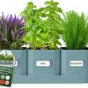 volila Herb Planter Indoor - Set of 3 Teal Blue Indoor Herb Garden Pots for Plants with Leather Handled Tray - Window Sill Plant Shelf - Herb Pots with Drainage Holes and Labels