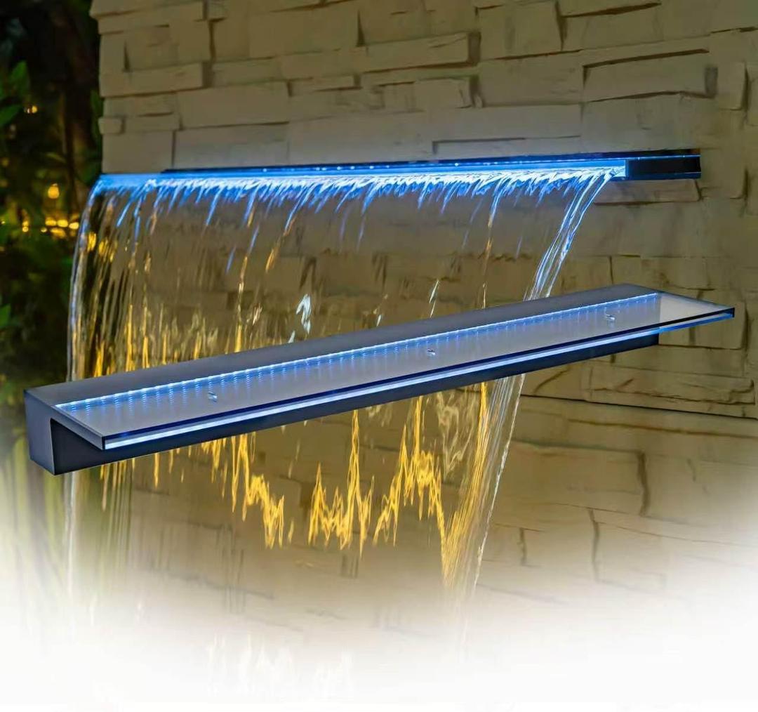 Waterfall Spillway with 7 Color-Changing LED Light, Sheer Descent Pool Fountain – Waterfall Kit for Outdoor Garden, Patio, Swimming Pool and Koi Pond Decoration (Acrylic, 36 Inch)