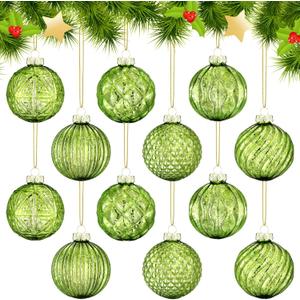 Jenaai 12 Pcs 2.36 Inch Lime Green Glass Christmas Ball Ornaments Vintage Christmas Tree Decorations Mercury Glass Hanging Ornaments for Trees Xmas Holiday Party Garland DIY Craft Supplies, 6 Style