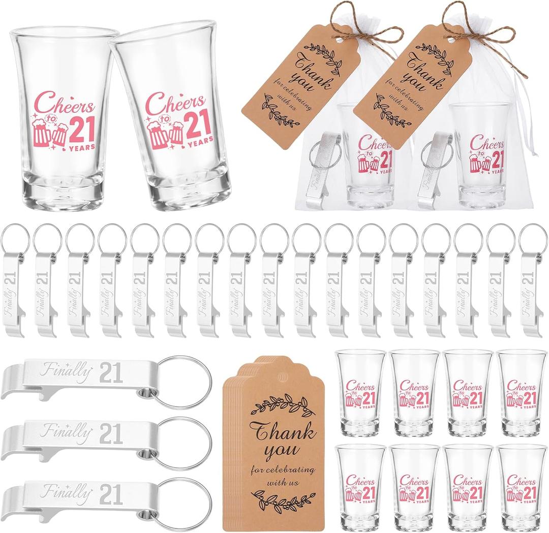 24 Sets Acrylic Shot Glasses Bottle Opener Keychain,21st Birthday Party Favors for Guests,21st Birthday Gifts for Party Favors Adults Supplies Decorations Adult Gifts with Thank You Tag and Bags