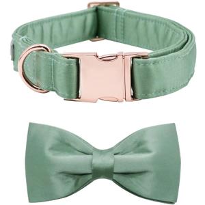 Lionet Paws Bowtie Dog Collar - Comfortable Silk Green Dog Collar with Detachable Bow Tie for Medium Dogs, Neck 13.5-22 Inches, M