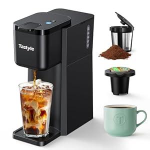 Tastyle Mini Hot and Iced Coffee Maker Single Serve, for K Cup and Ground, 6 to 14 Oz Brew Sizes, with Recipe Book, for Home, Travel, RV, Office and Dorm,Classic Black (2.0 Version)