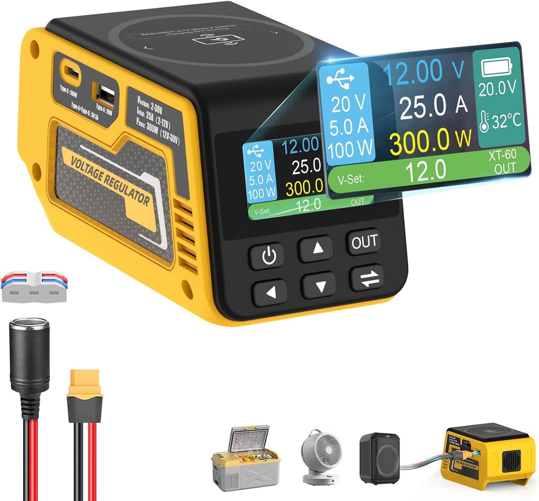 300W Voltage Regulator Compatible with DeWalt 20V Battery (Battery Not Included), 2–30V Adjustable DC Output, 100W Type-C PD Fast Charging, 15W Wireless Charger