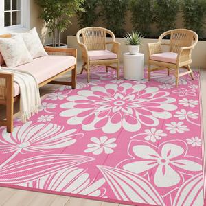 Ileading Outdoor Plastic Straw Rug 6x9ft Funny Floral Style Reversible Patio Area Rugs Waterproof Non Shedding Portable Carpets for Rv Outside Deck Pool Beach Picnic Camping (Pink)