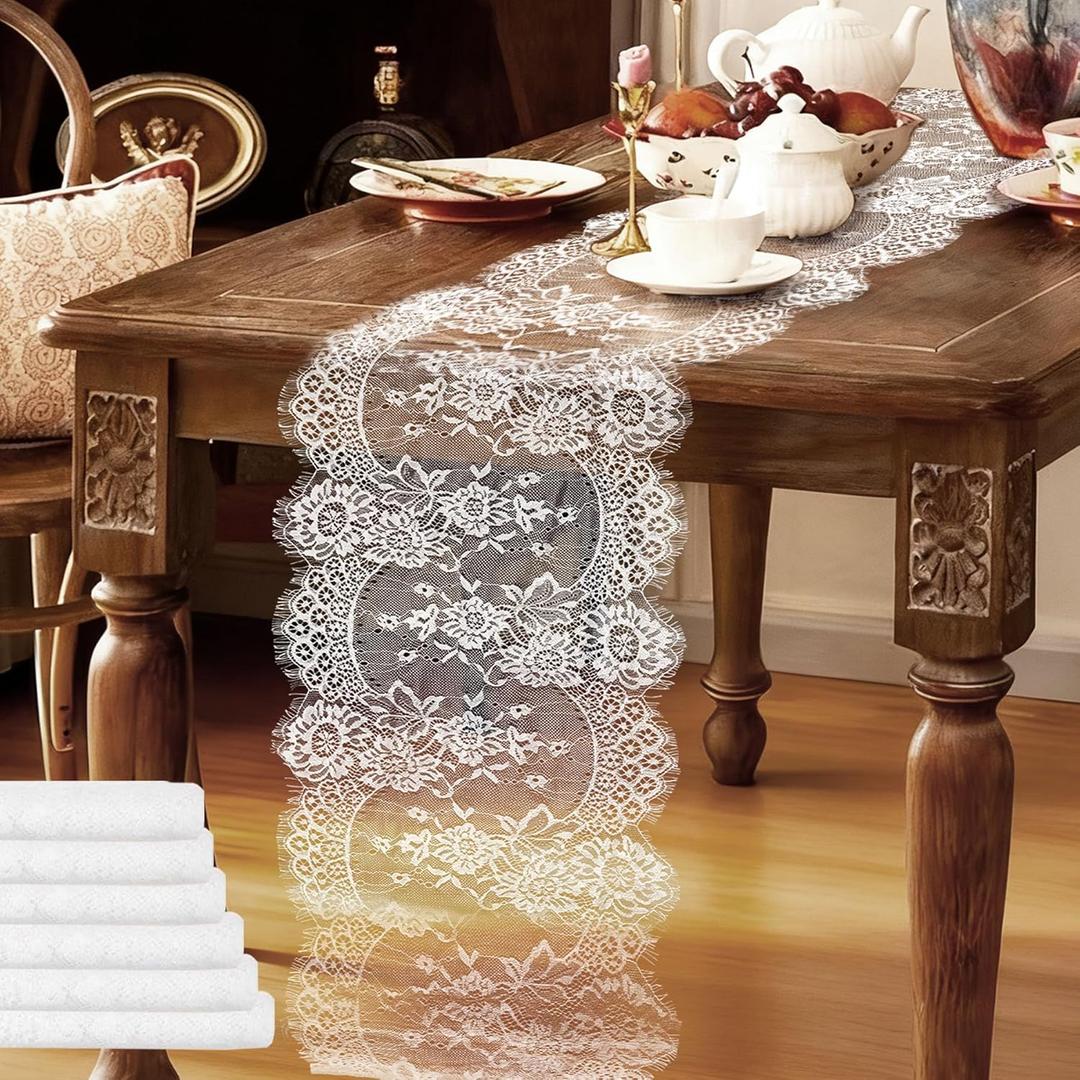 6 Pcs White Lace Table Runners 14 x 120 Inch Boho Rose Embroidered Floral Vintage Rustic Table Decoration for Wedding Party Bridal Shower Decorations