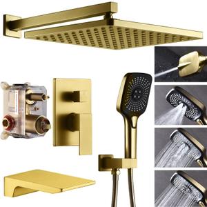 Shower System with Tub Spout 10 Inch Overhead Shower 4 Setting Handheld Spray Rough In Pressure Balance Valve Body with Trim Kit Wall Mounted Rainfall Bathtub Shower Faucet Set (Brushed Gold)