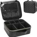 Relavel Makeup Bag, Travel Cosmetic Train Case Organizer Portable Artist Storage Bag with Adjustable Dividers for Cosmetics Makeup Brushes Toiletry Jewelry Digital Accessories Quilted Leather Black