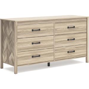 Signature Design by Ashley Battelle Mid-Century Modern 6 Drawer Dresser with Chevron Pattern and Safety Stop for Bedroom, Light Brown (Natural)
