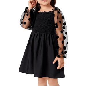 WDIRARA Toddler Girl's Polka Dots Mesh Flounce Long Sleeve Flared Shirred Dress (4T, Black)