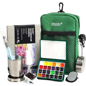 Funto Mini Watercolor Paint Set, All-in-One 24-Color Christmas Green Gift Travel Paint Kit, with Crossbody Bag, Watercolor Journal, Paint Water Cup, Pocket Set for Artists