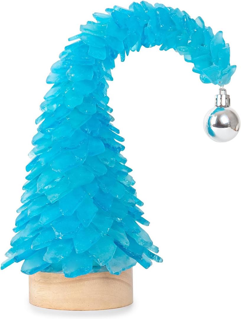 Crooked Sea Glass Christmas Tree with LED Lights - Handcrafted Whimsical Mini Blue Christmas Tree, Ideal for Christmas, New Year, Coastal Holiday Decor & Gifts, Versatile Home Decor (10in)