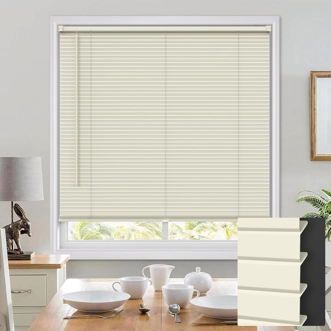100% Privacy L-Shaped Blades Mini Blinds for Indoor Windows 1" Vinyl Cordless Window Blinds for Home, for Window 22.5" W  48" H Beige