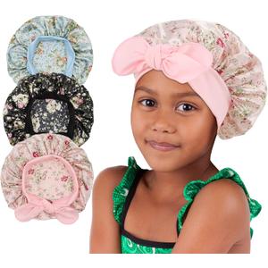 3 Pieces Kids Satin Bonnet Silky Sleep Cap Wide Elastic Band Hair Bonnet for Girls Toddler Child