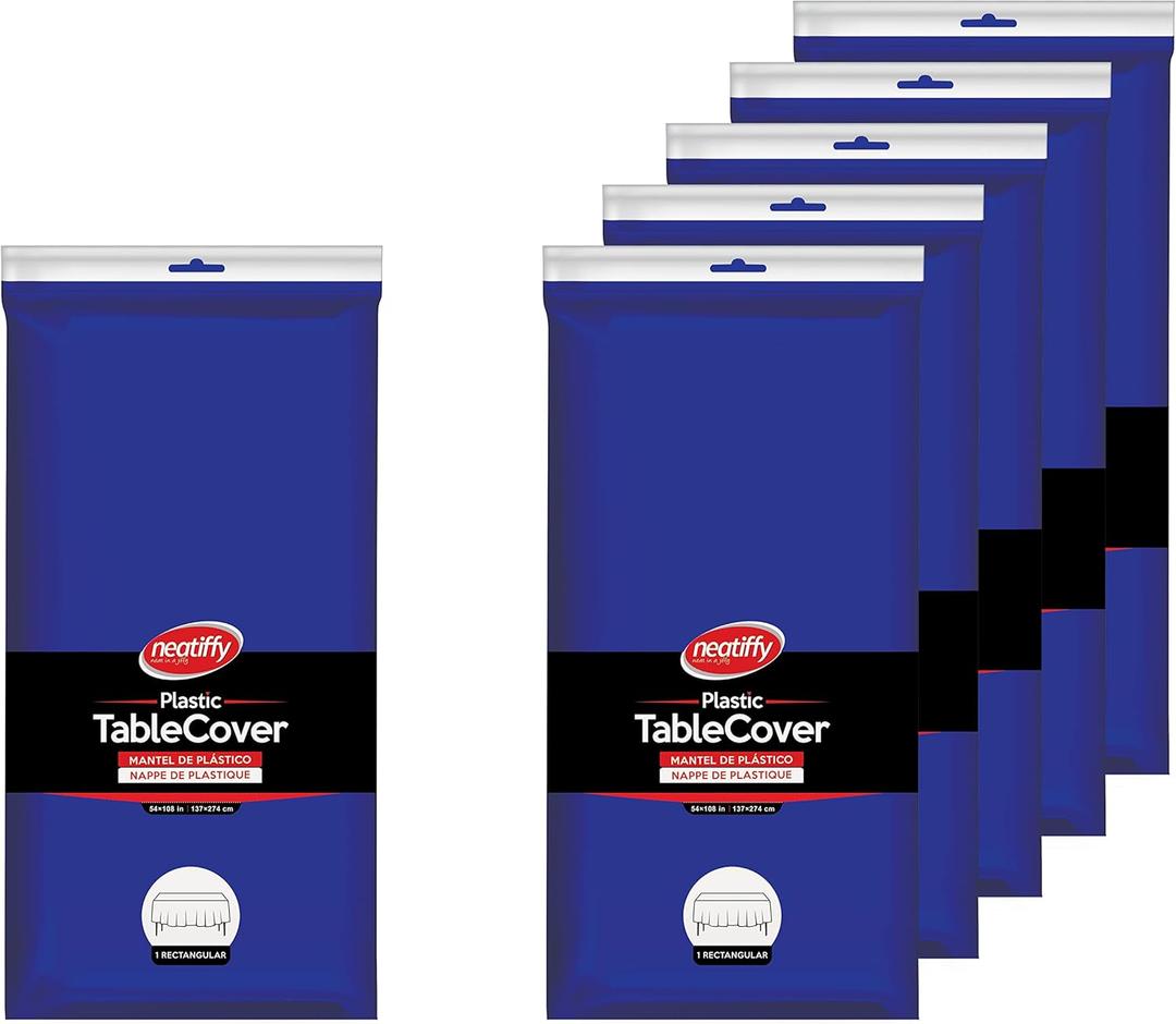 Neatiffy 54 x 108 Inch 6 Pack Rectangle Plastic Table Cloth Picnic/Camping/Party/Banquet Table Cover. Disposable/Reusable Tablecloths -Royal Blue