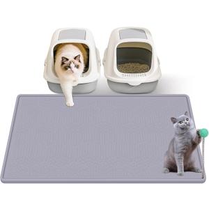 Silicone Cat Litter Mat with Toy, 38x25 Inch Large - Waterproof, Easy Clean Trapping Mat for Kitty Litter Box, Non-Slip Litter Box mat for Hardwood Floors & Carpet Protection (Grey)