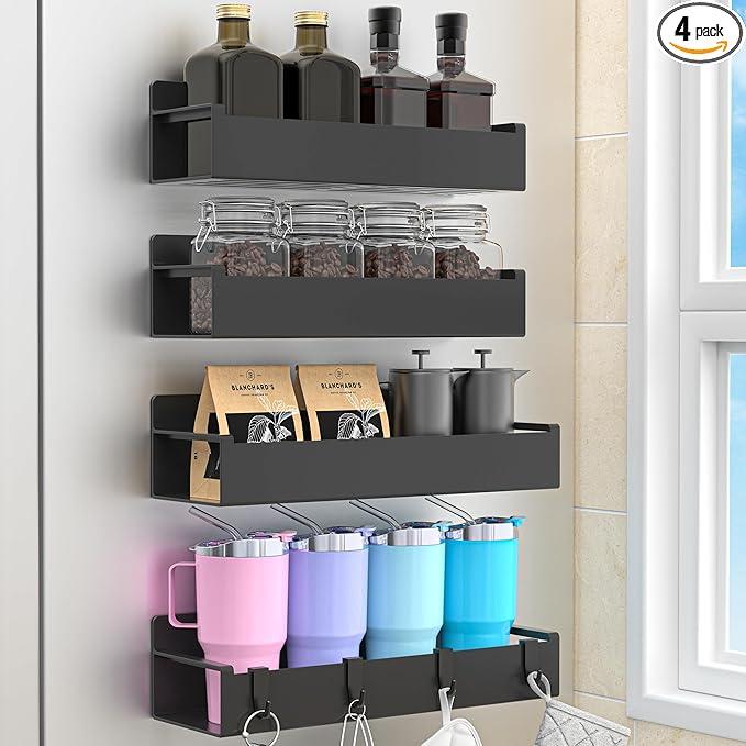 HuggieGems 4 Pack Magnetic Spice Rack Organizer for Refrigerator and Oven, Black Fridge Organizers and Storage for Kitchen