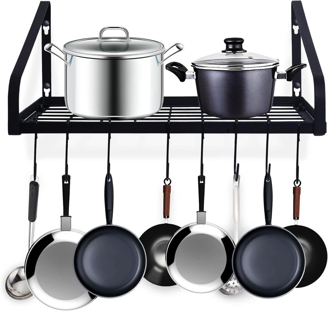 Pot and Pan Hanger, Wall Mounted Pots and Pan Hanging Rack with 8 Hooks for Kitchen Cookware Utensils 2 DIY Methods Black Steel Hanging Pot Rack
