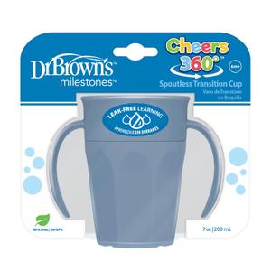 Dr. Brown's Milestones Cheers 360 Spoutless Transition Cup with Handles, Travel Friendly and Leak Free Sippy for Babies and Toddlers, Blue, BPA-Free, 7 oz/200 mL, 6m+, Blue