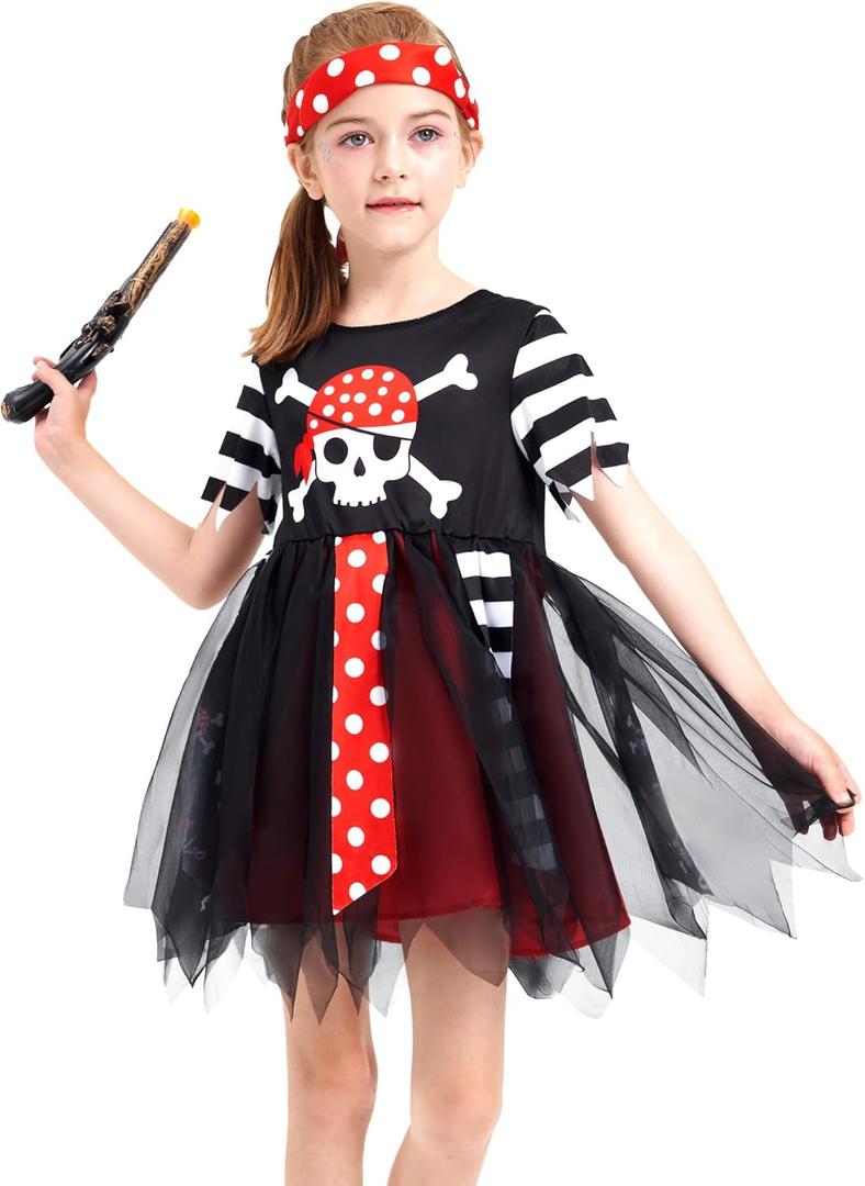 IKALI Girls Pirate Dress with Accessories, Kids Toddlers Pirate Costume Buccaneer Fancy Dress Outfit (8-10 Years)