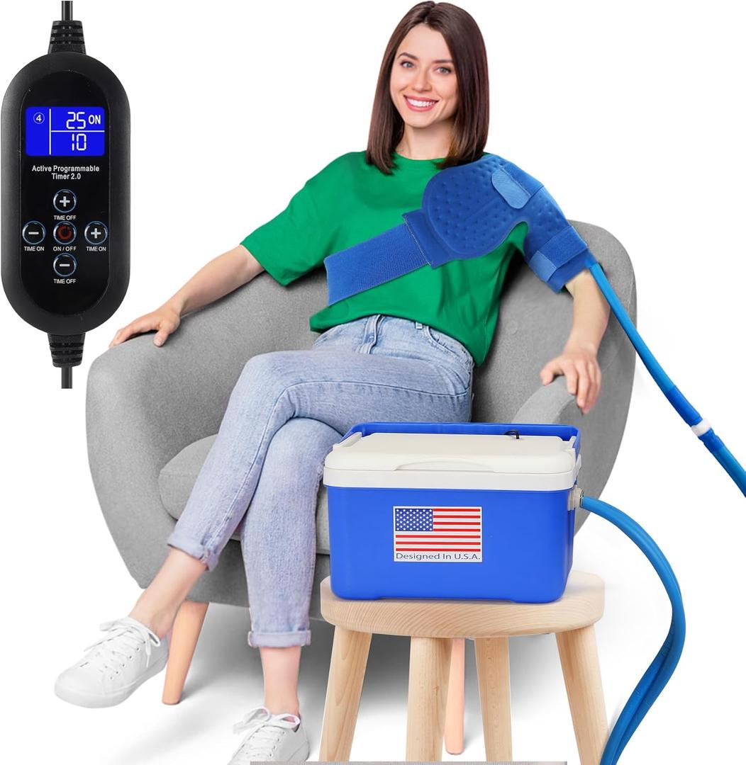 Cold Therapy Machine System with Programmable Timer, Ice Machine for Shoulder After Surgery Recovery,Large Shoulder Compression Pad,Wearable,Quiet Pump,Strong Cryotherapy Pain Relief and Treatment