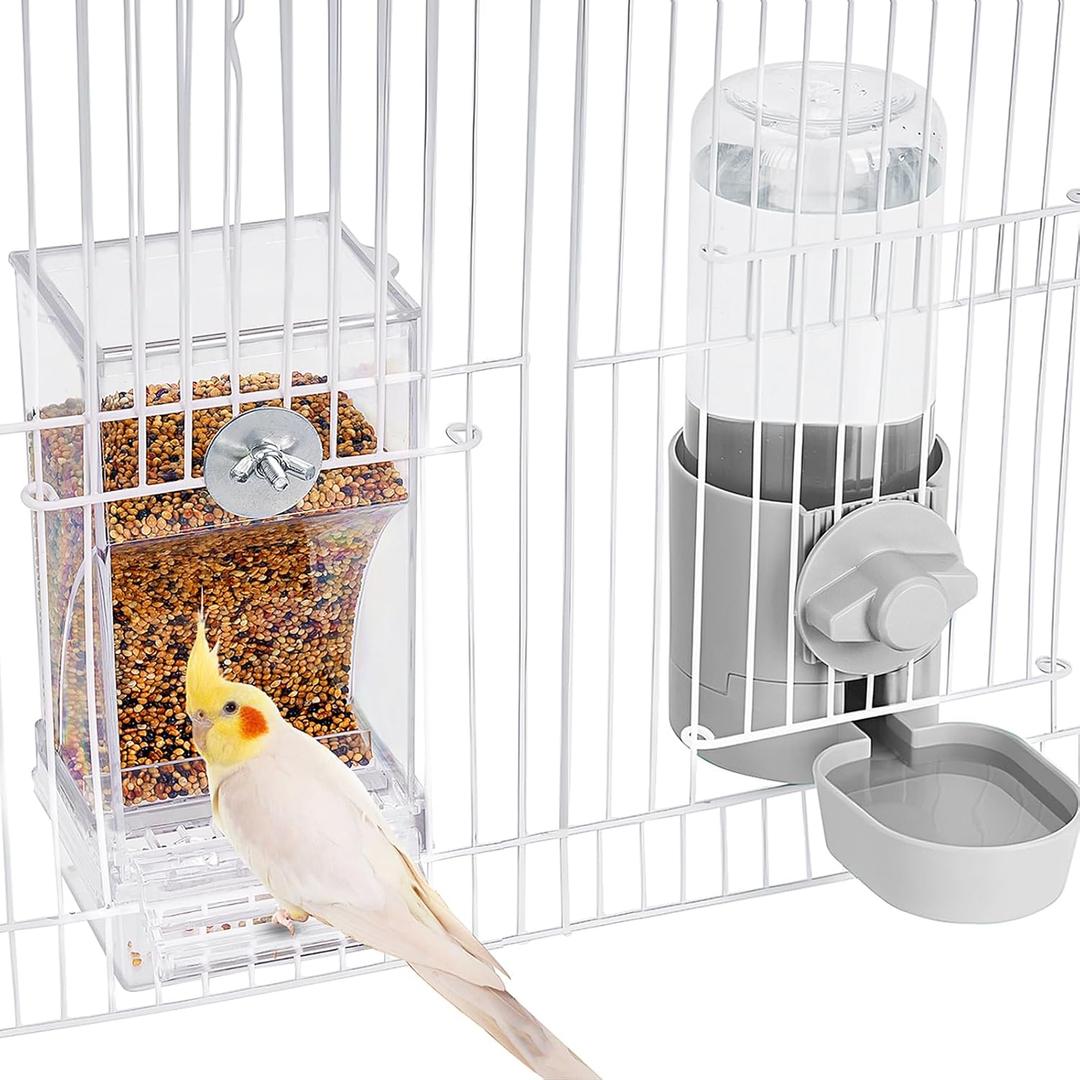 No Mess Bird Feeder Water Dispenser Set, Bird Feeder for Cage, Cage Accessories for Cockatiels, Finches, Budgies and Canaries (grey)
