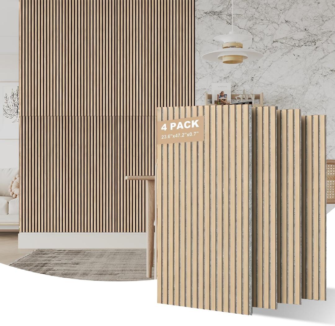 AKUMAX Wood Slat Acoustic Wall Panels, 4 Pack 24 x 48 in Each, 31 ft², NRC 0.80 Sound Absorbing 3D Slat Wall Paneling with Real Wood Veneer, 0.7" Thick, E0 MDF and PET Felt, Classic Oak