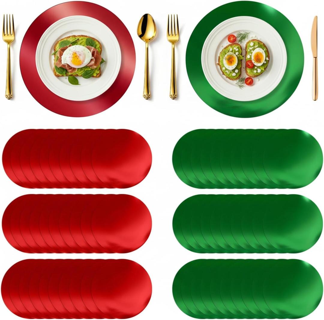Harloon 100 Pcs Round Christmas Paper Placemats, 13" Disposable Paper Placemats Red and Green Glitter Table Mats Mirror Decorative Charger Place Mat for Dining Party Xmas Kitchen Banquet Table Setting
