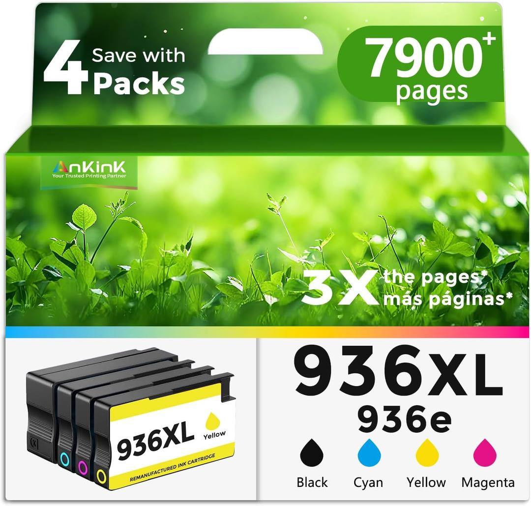 Ankink 936 936XL Ink Cartridges Replacement for HP 936e 936 XL Ink 4 Combo Pack Compatible with OfficeJet Pro 9110 9120 9125 9130 9135 9735 9730 9720Series Printers (Black Cyan Magenta Yellow)