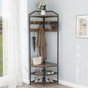 GiftGo Corner Hall Tree with Shoe Bench Entryway Coat Rack with 10 Metal Movable Hooks Floor Standing Clothes Rack Shoes Shelf Organizer for Home Office Bedroom (Rustic Brown), 71.3 Inches X 19.7 Inches X 19.7 Inches