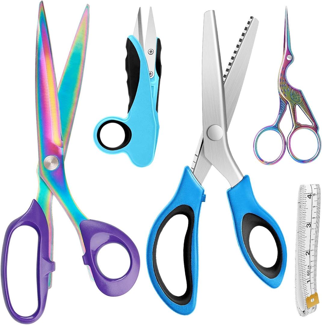 Asdirne Sewing Bundle - Sharp Stainless Steel Scissors, Comfortable Handle, Includes Fabric, Pinking, Embroidery Scissors, Thread Snips, Measuring Tape - 5 Pcs