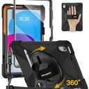 BRAECN for iPad (A16) 11th/10th Generation case 11/10.9 inch 2025/2022 Heavy Duty Shockproof Protective with Pencil Holder Screen Protector 360Rotating Stand Handle & Shoulder Strap Full Body Cover (Black)