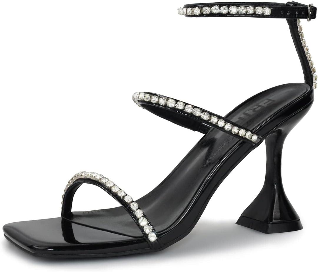 Women's Rhinestone Sandals Lace Up Slingback Square Open Toe Heels Sparkling Sandals with Stiletto Buckle Strap for Dress Party Prom Wedding High Heeled Shoes