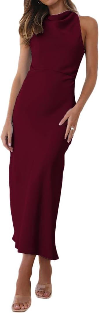 Halfisland Satin High Neck Backless Sleeveless Midi Dresses for Women Elegant Mock Neck High Waist Cross Back Cocktail Dress (Red, M)