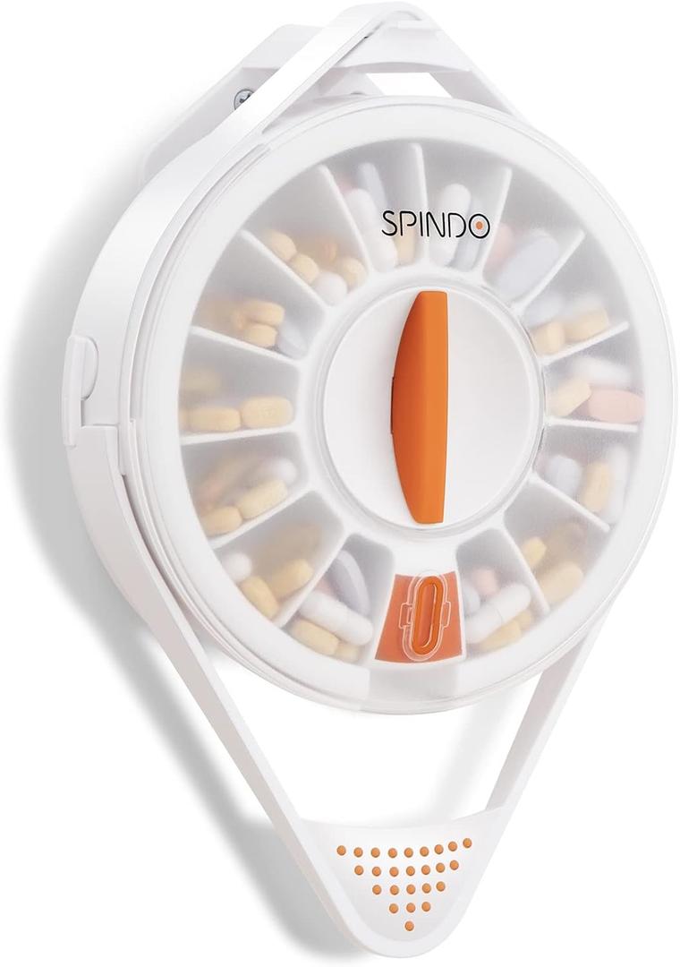 Fullicon Pill Dispenser with 14 Large Compartments and Child-Proof Lock, Spindo Medicine Dispenser-Dispense Vitamin/Tablet/Supplement for Elderly/Amnesia/Dementia (Light White)