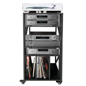 SHZYJBRY 5 Tier Record Player Stand with Vinyl Storage, av Media Stand, Stereo Audio Rack Tower with Wheels, Entertainment Stereo Components (Black-Grill, 43in × 15.7in × 19.7in)