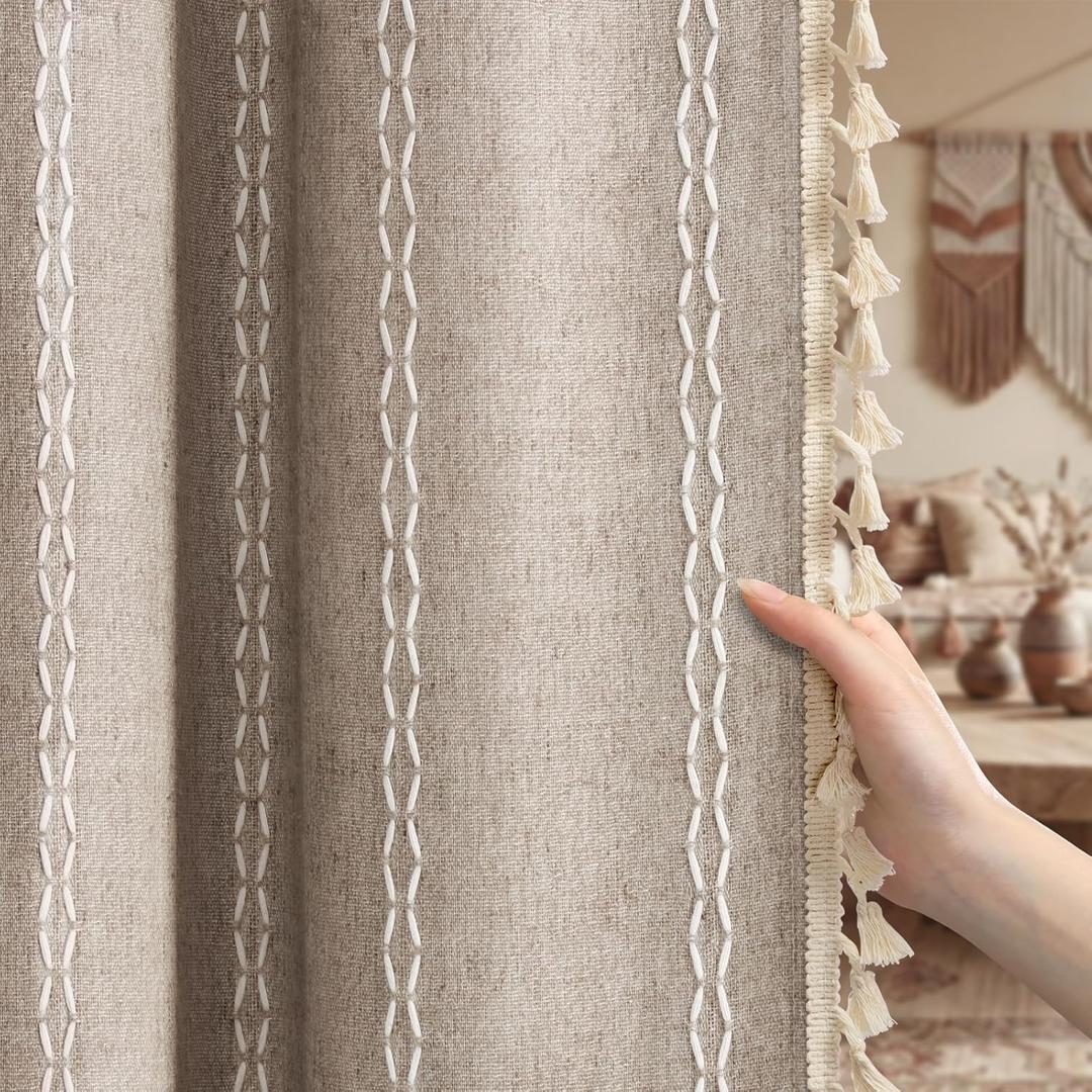 Brown Boho Blackout Curtains 2 Panels 84 Inch for Living Room Bedroom, Warm Taupe Linen Texture Farmhouse Curtains with Tassels and White Cotton Embroidery Vintage Rustic Country Western