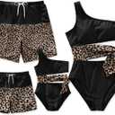 PATPAT Family Matching Swimsuits Mommy and Me Bathing Suits One Piece One Shoulder Leopard Print Cut Out Tie Waist Colorblock Swimwear Sets Black Leopard for Couple Women, Size M