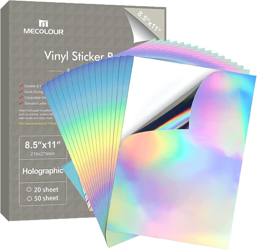 MECOLOUR Holographic Sticker Paper 8.5'' 11'' Printable Premium Rainbow Vinyl, Waterproof, Dries Quickly Vivid Colors, Holds Ink Well- Tear Resistant -for Inkjet Printer 100 SHEETS