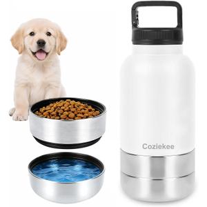 3-in-1 Dog Water Bottle Portable, 32oz Insulated Stainless Steel Pet Water Dispenser with 2 Detachable Travel Dog Bowls for Water & Food, Leak-Proof Puppy Water Bottle for Hiking, Walking (White)
