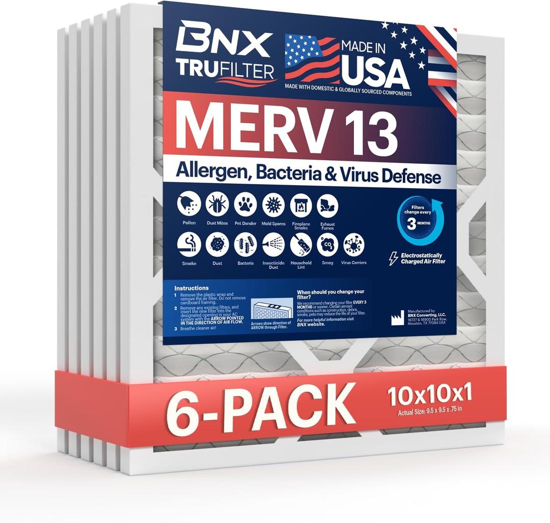 BNX TruFilter 10x10x1 Air Filter MERV 13 (6-Pack) - MADE IN USA - Electrostatic Pleated Air Conditioner HVAC AC Furnace Filters for Allergies, Pollen, Mold, Bacteria, Smoke, Allergen, MPR 1900 FPR 10