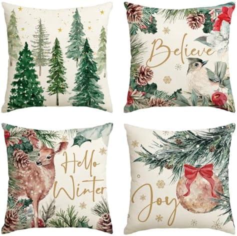 AVOIN colorlife Joy Christmas Holly Berries Reindeer Believe Throw Pillow Covers, 18 x 18 Inch Xmas Tree Hello Winter Holiday Cushion Case Decoration for Sofa Couch Set of 4