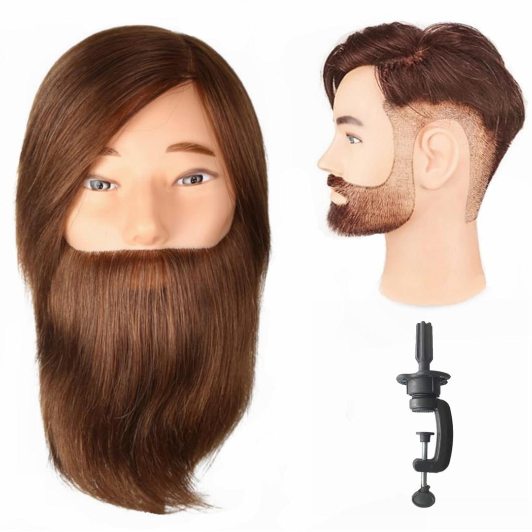 Male Mannequin Head With Hair Human Hair Manikin For Men Cosmetology 8inch Straight Beard Manikin Head With Human Hair with Stand Practice Cutting Styling (8inch)