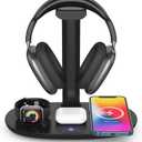 4 in 1 Wireless Charger with Headphone Stand Headset Holder & Station Dock for Apple Watch, AirPods Max/Pro/Pro 2/AirPods 4/ iPhone 16/15/14/13/12 LG, Samsung Galaxy, Huawei (Black)